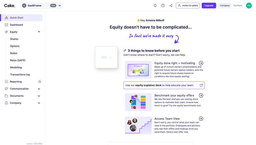 Cake Equity Welcome Screen