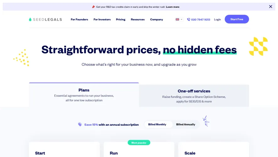 SeedLegals Pricing Page