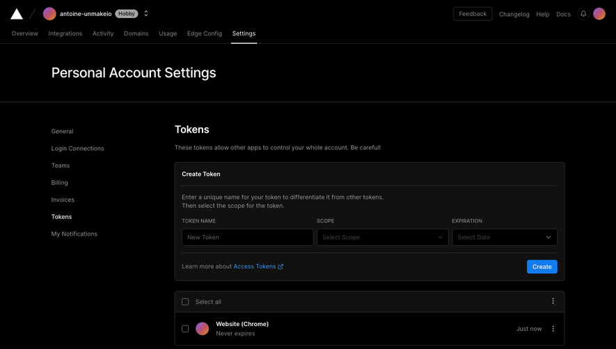Vercel Tokens settings