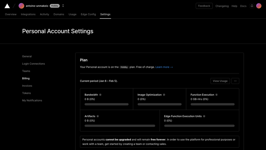Vercel Billing settings