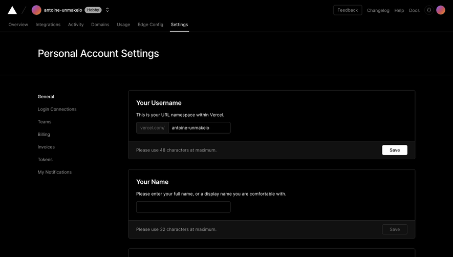 Vercel Account settings