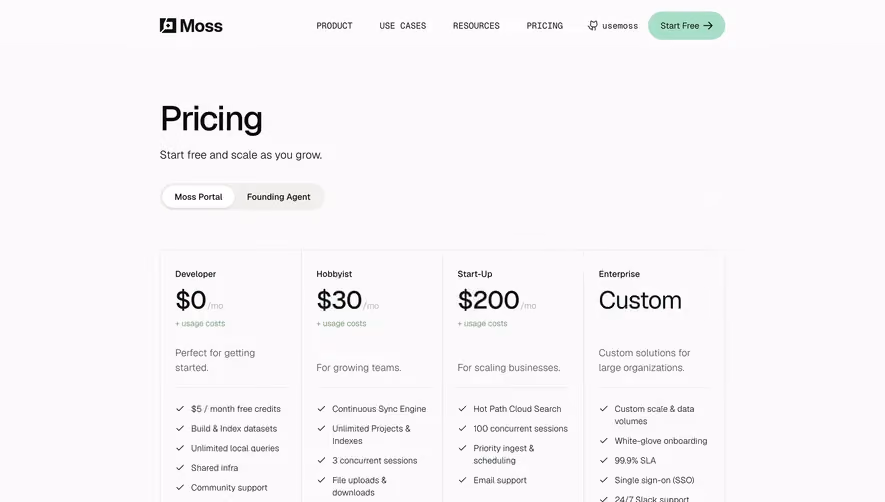 Moss Pricing Page
