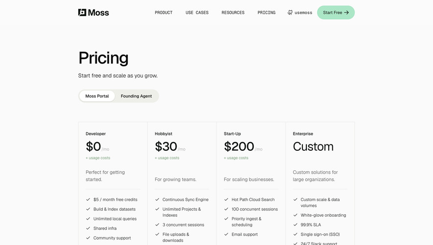 Moss Pricing Page