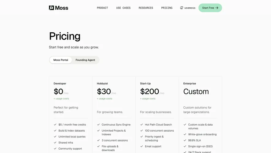 Moss Pricing Page