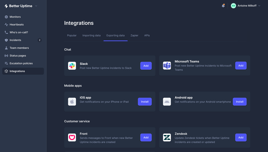 Better Stack etter Uptime Exporting Data Integrations