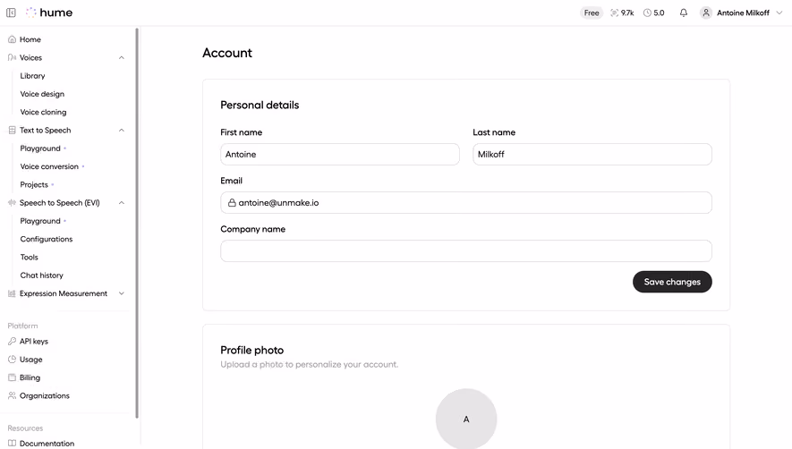 Hume AI Account Settings