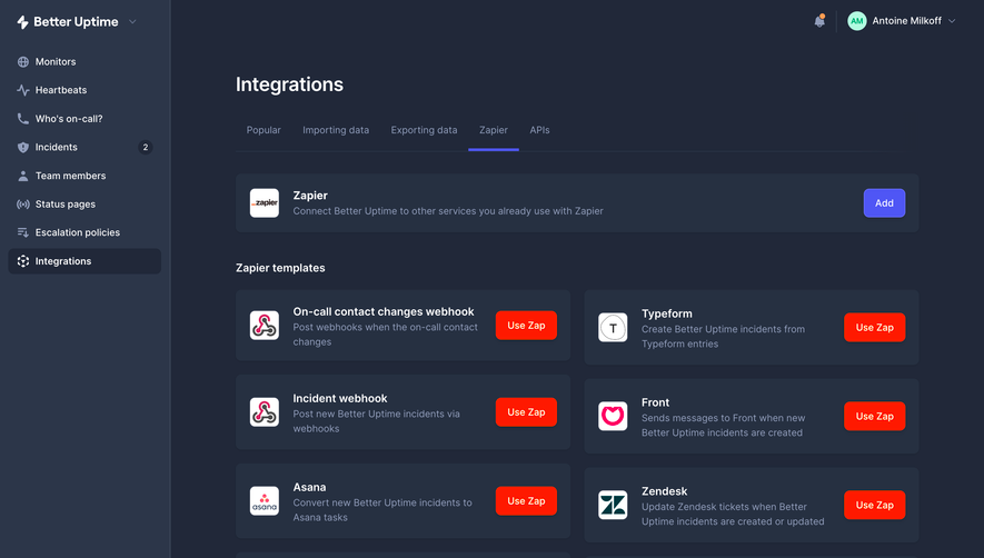 Better Stack etter Uptime Zapier Integrations