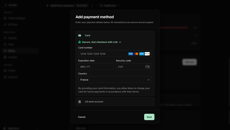 Moss Add a payment card