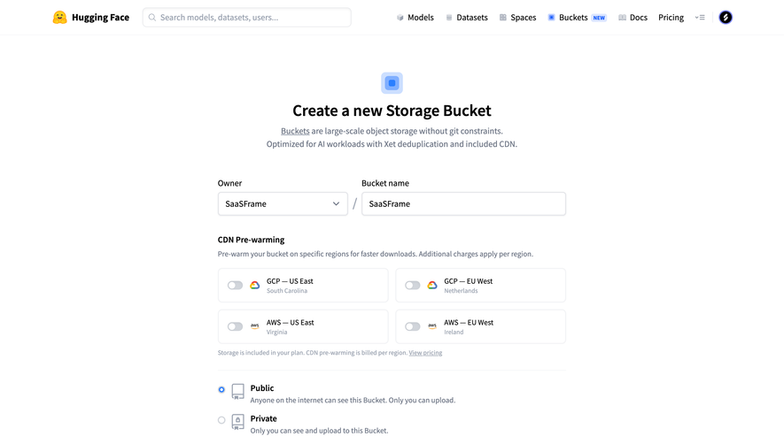 Hugging Face Create a storage bucket