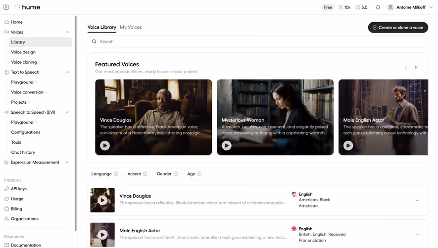 Hume AI Voices Library