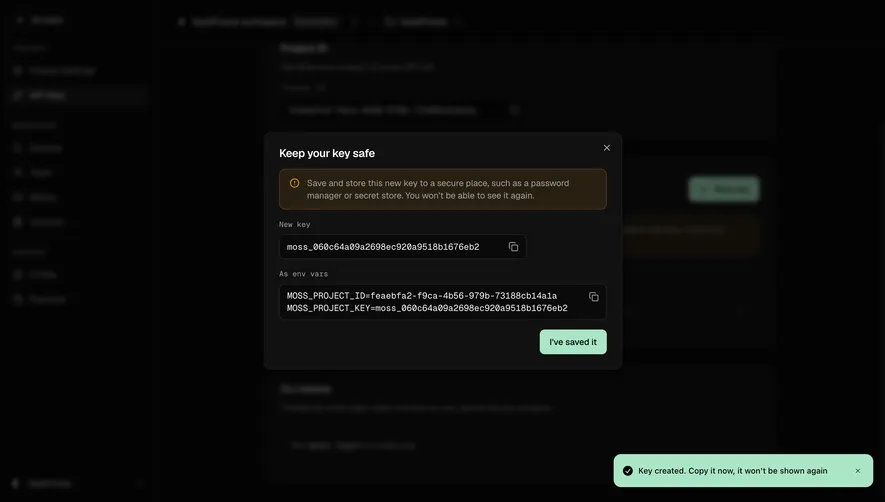 Moss Save your new project key