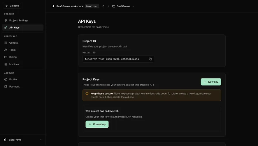 Moss Project API keys empty state