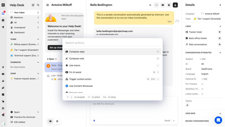 Intercom Search Actions Modal