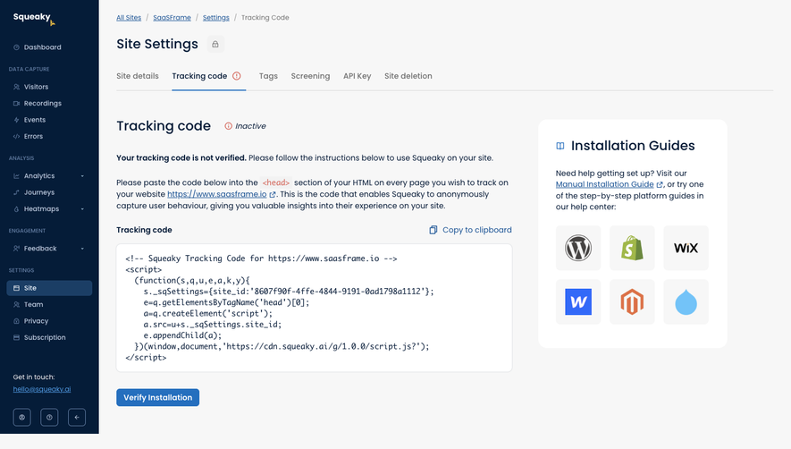 Squeaky Install tracking code