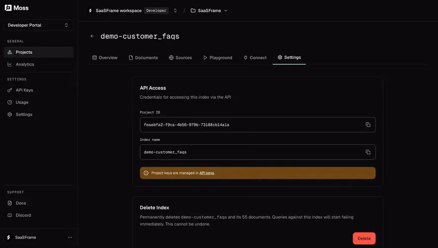 Moss Index access and deletion settings