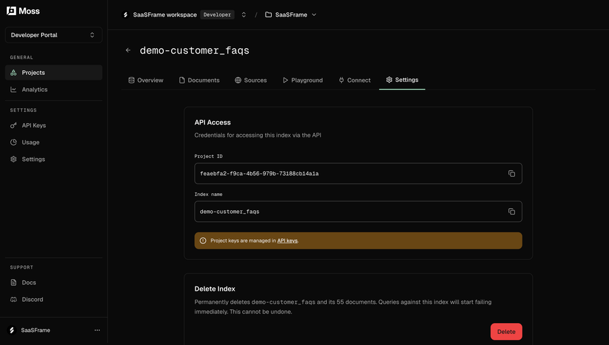 Moss Index access and deletion settings