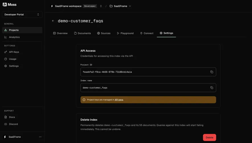 Moss Index access and deletion settings