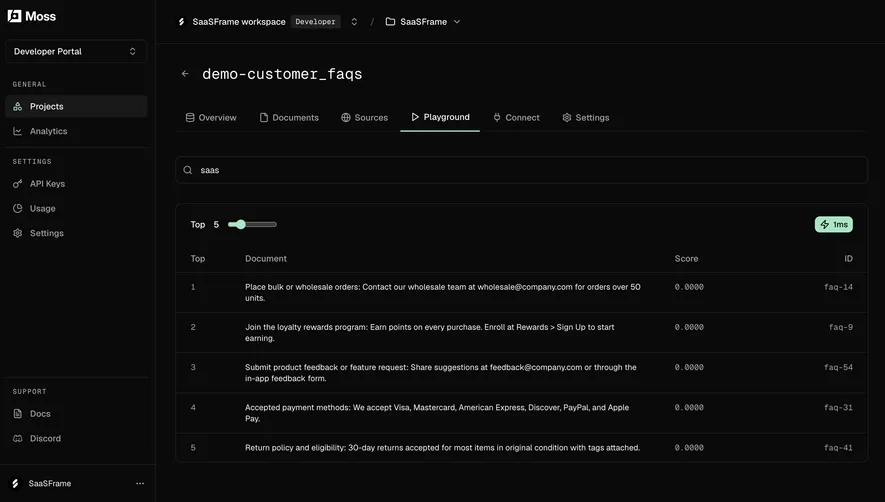 Moss Test semantic search queries