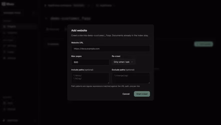 Moss Add a website crawl source