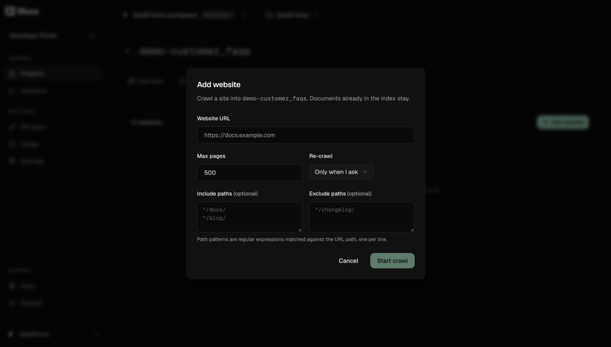 Moss Add a website crawl source