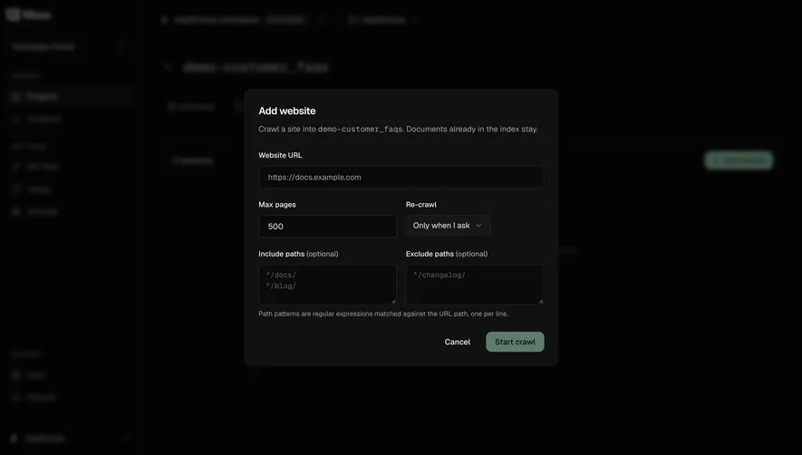 Moss Add a website crawl source