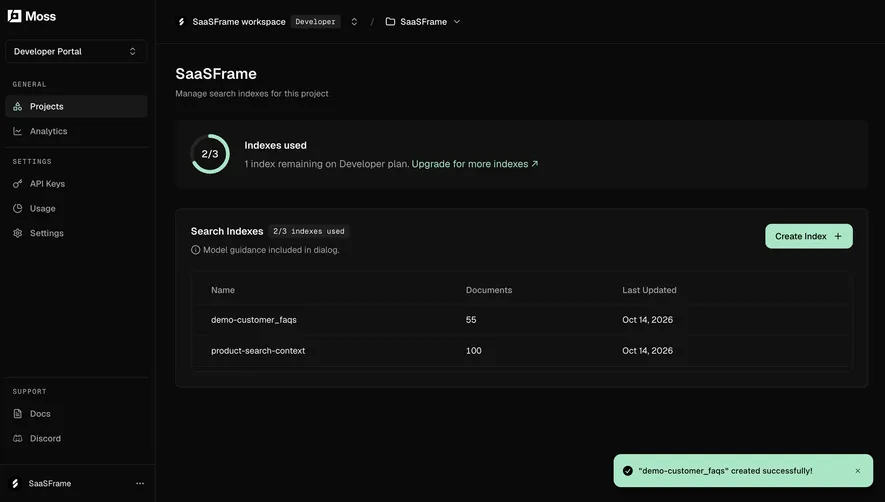Moss Search index created