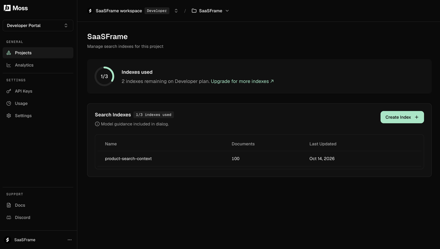 Moss Search indexes overview