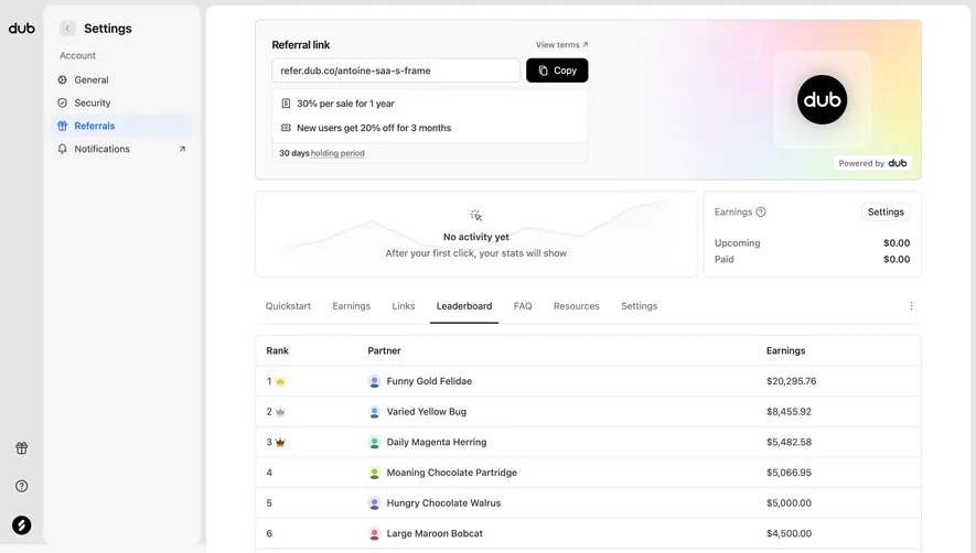 Dub Referral program dashboard