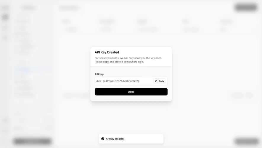 Dub API key created