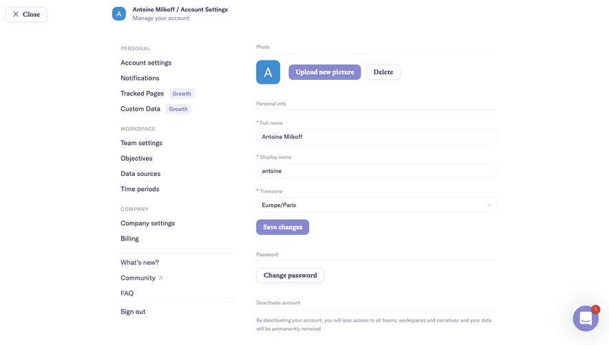 Narrative BI Account Settings