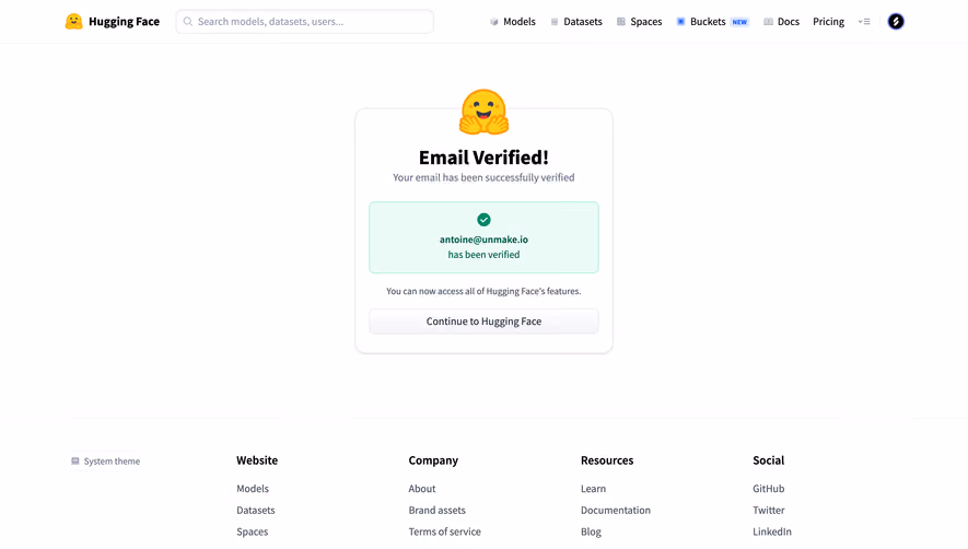 Hugging Face Email verified