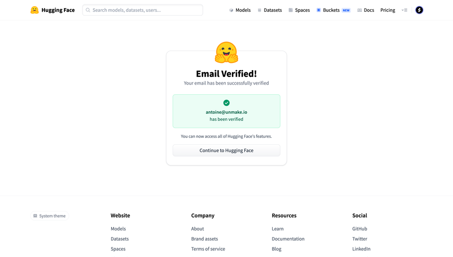Hugging Face Email verified