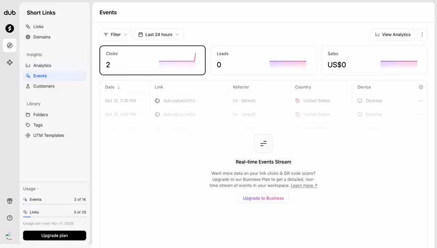 Dub Real-time events upgrade prompt