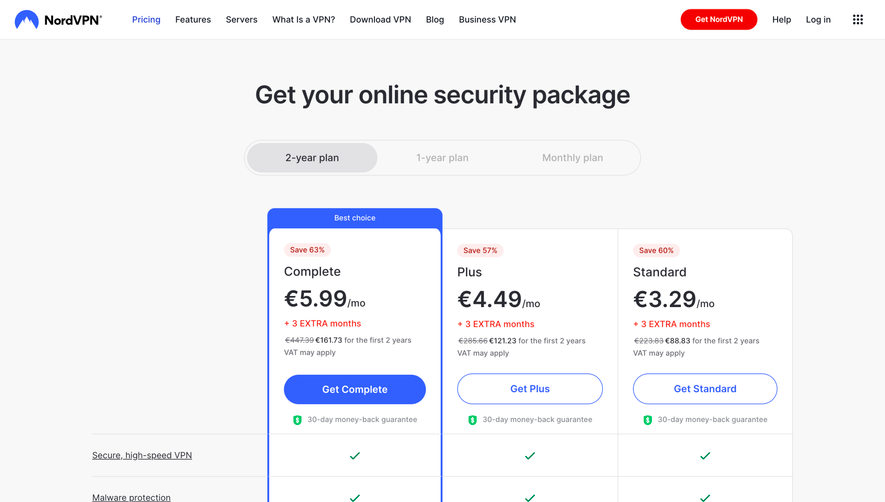 Nord VPN Pricing Page