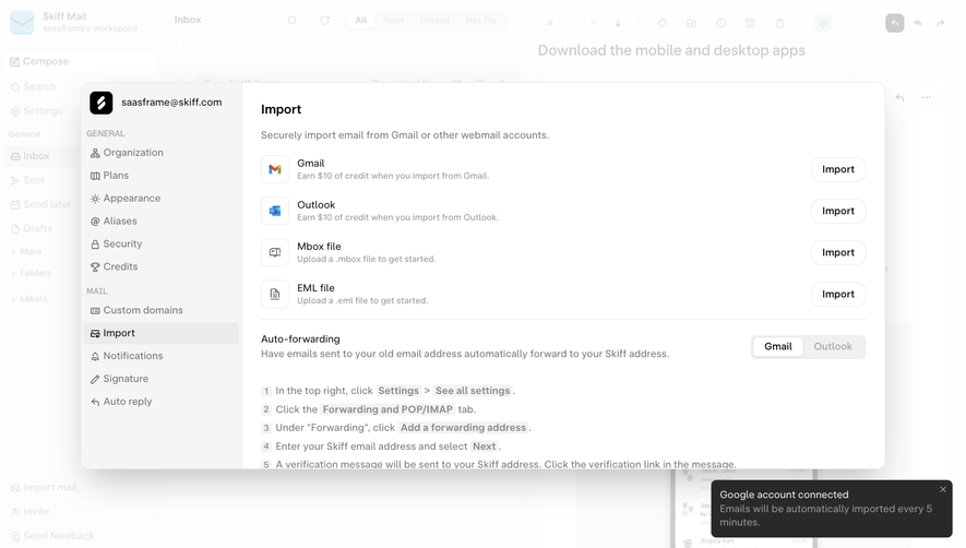 Skiff Emails imported from Gmail