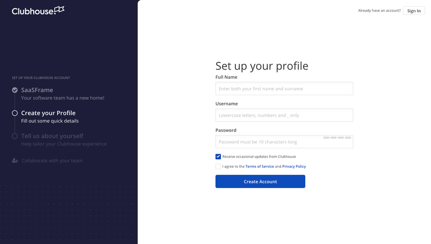 Shortcut lubhouse Sign Up Flow