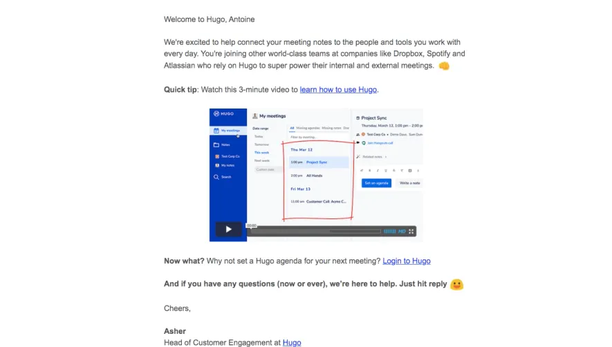 Hugo Welcome Email
