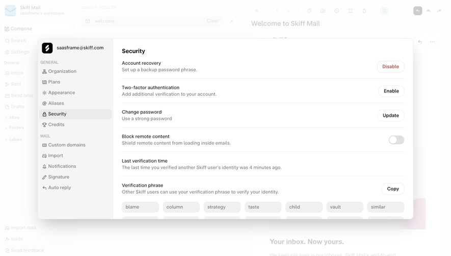 Skiff Security Settings