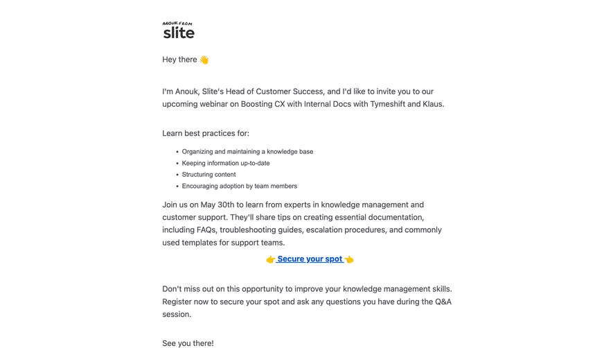 Slite Webinar Invite Email