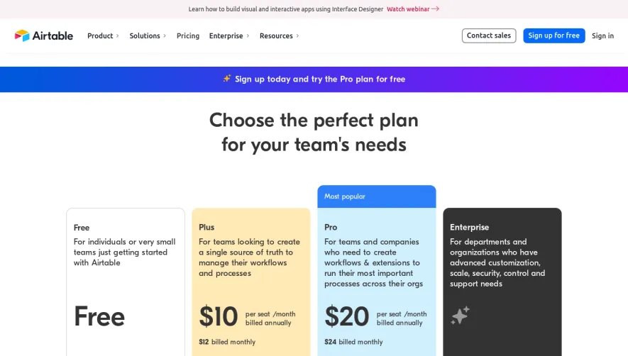 Airtable Pricing Page