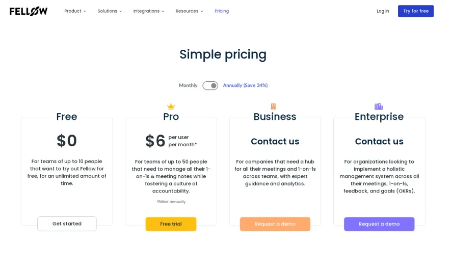 Fellow Pricing Page