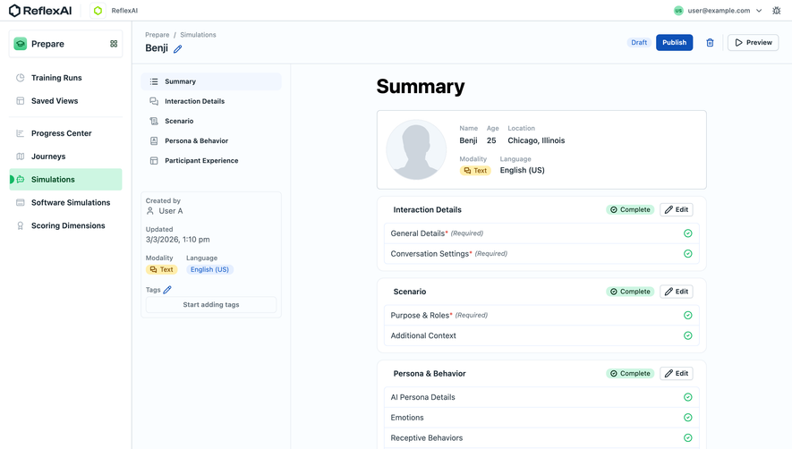 ReflexAI AI persona configuration summary