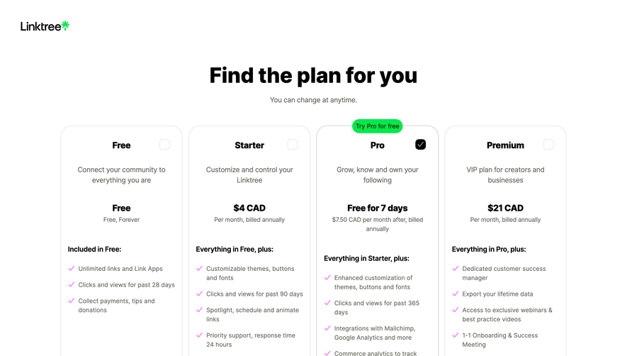 Linktree Choose A Plan