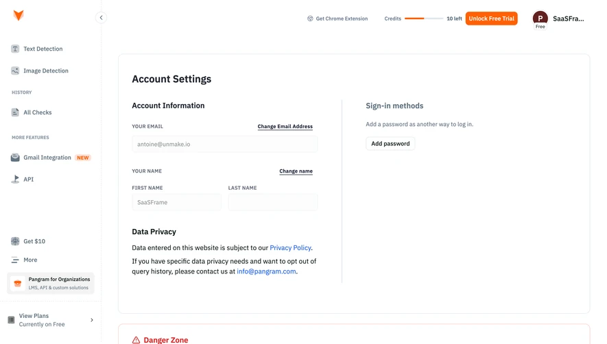 Pangram Account settings