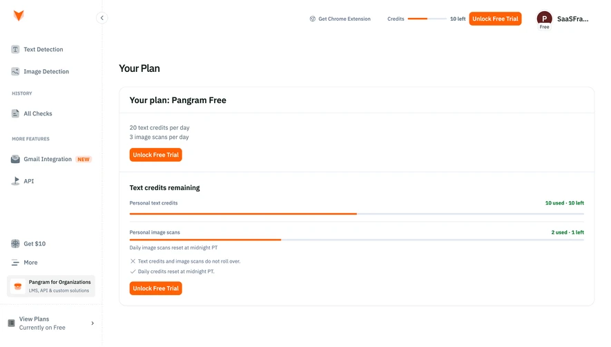 Pangram Plan and remaining credits