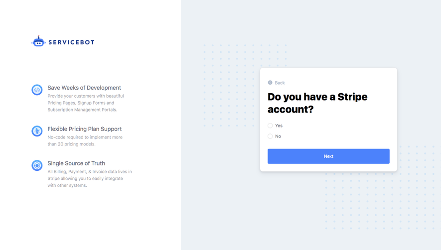 Billflow ervicebot Sign Up Flow