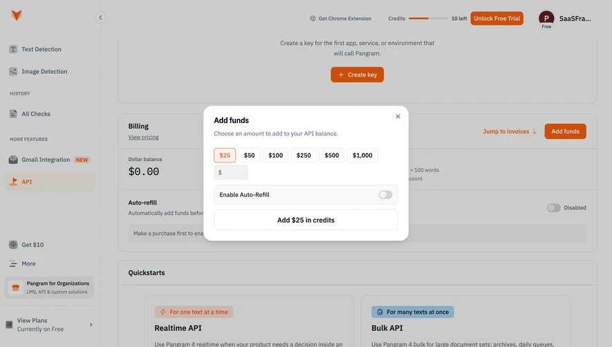 Pangram Add API credits