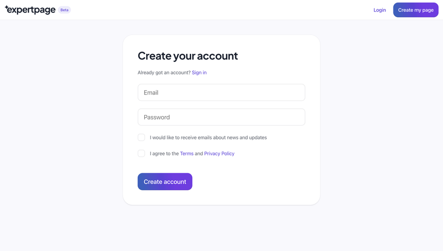 Expertpage Signup