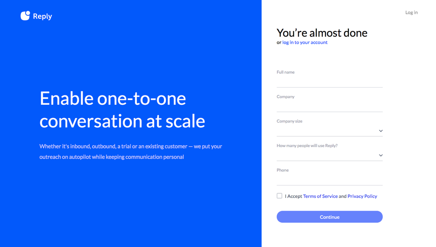 Reply Sign Up Flow