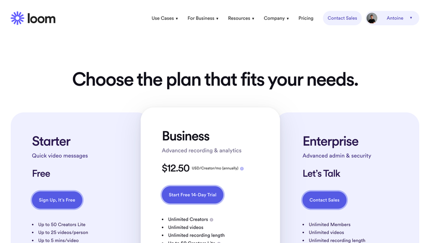 Loom Pricing Page